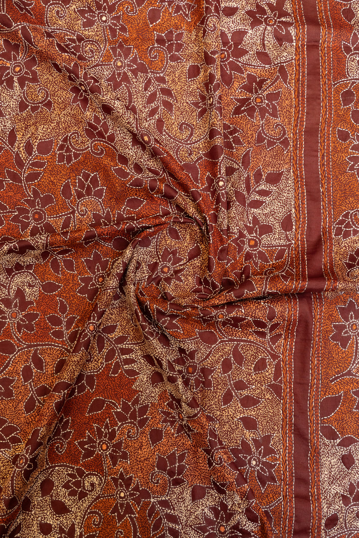 Cream batik Kantha embroidered  pure Tussar silk saree
