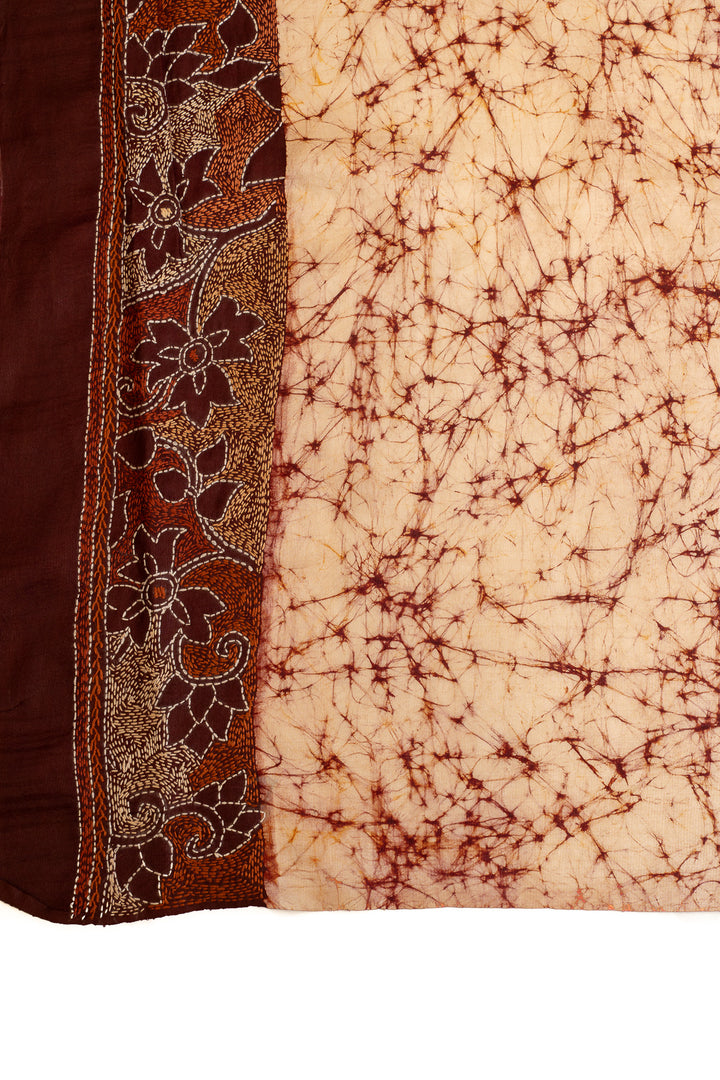 Cream batik Kantha embroidered  pure Tussar silk saree