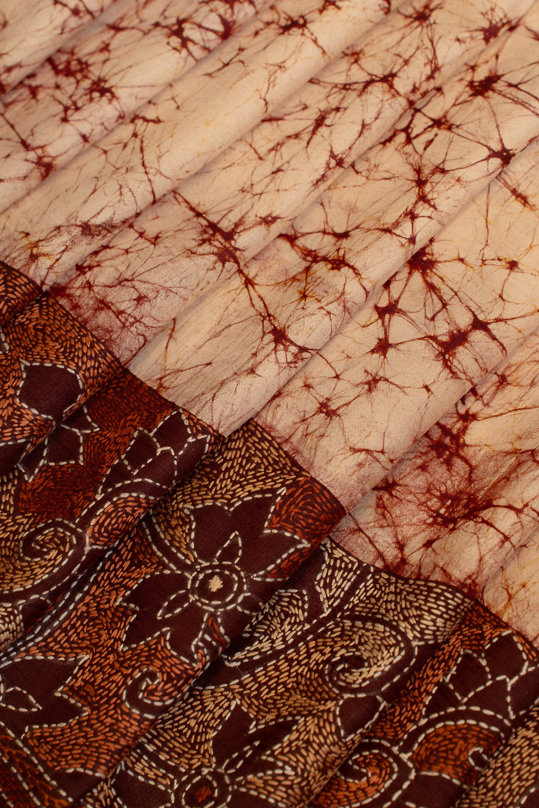 Cream batik Kantha embroidered  pure Tussar silk saree