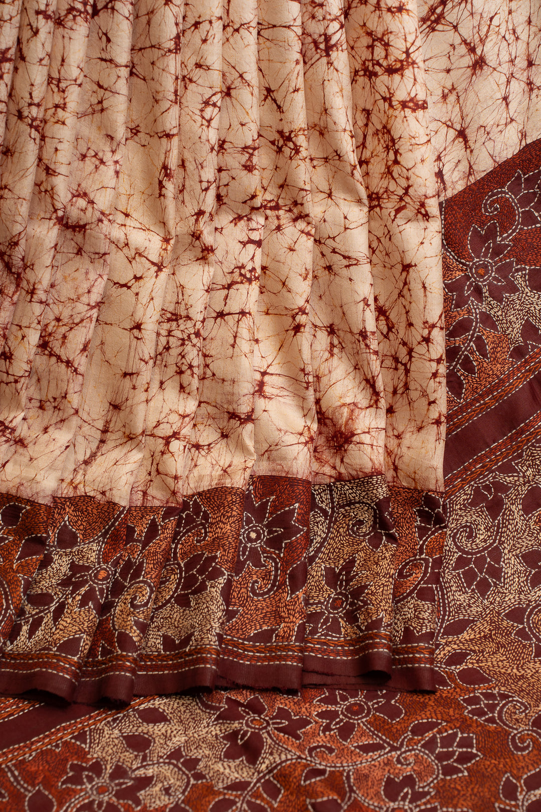 Cream batik Kantha embroidered  pure Tussar silk saree