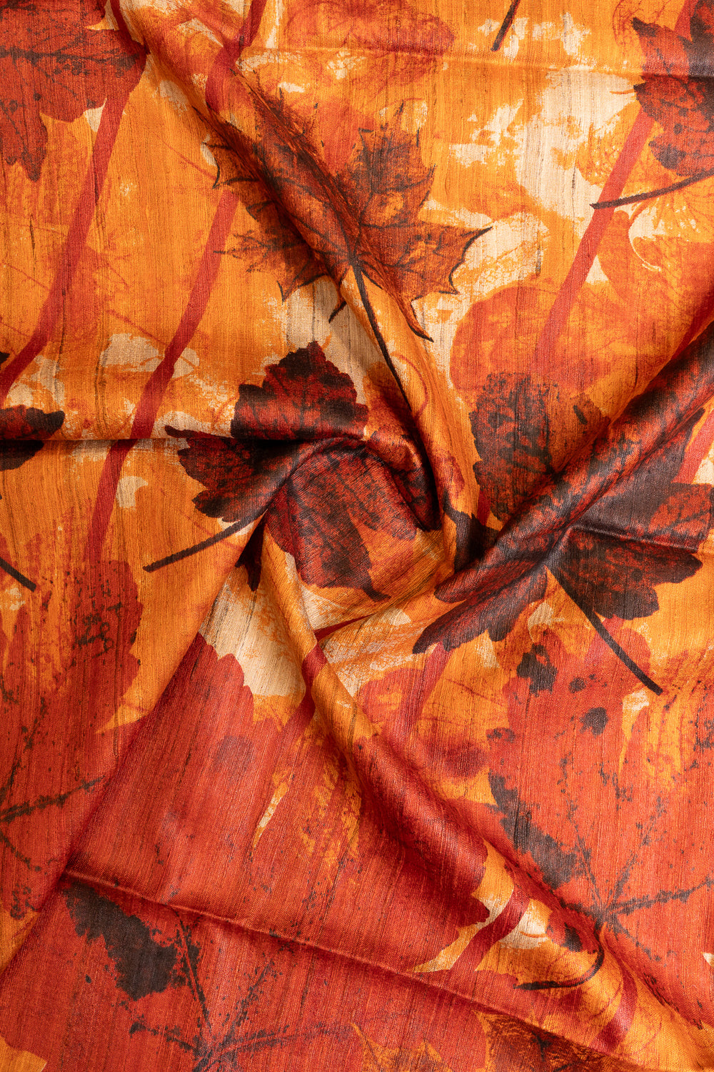 Orange handprinted pure Tussar saree