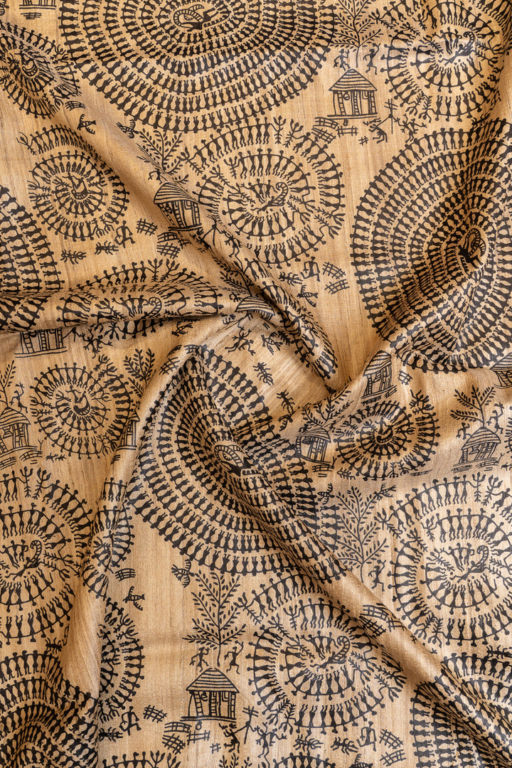 Beige Madhubani handprinted pure Tussar saree