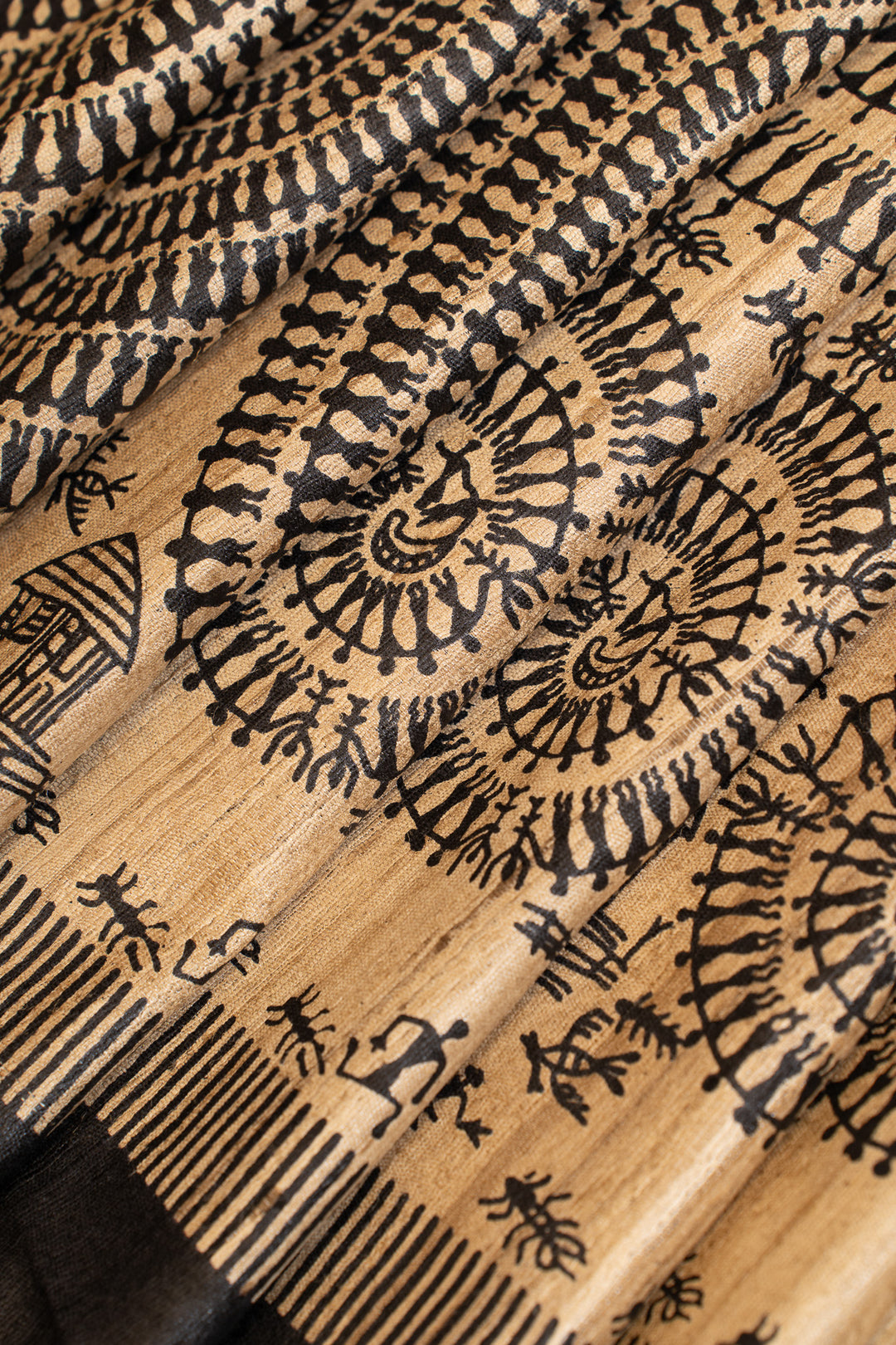 Beige Madhubani handprinted pure Tussar saree