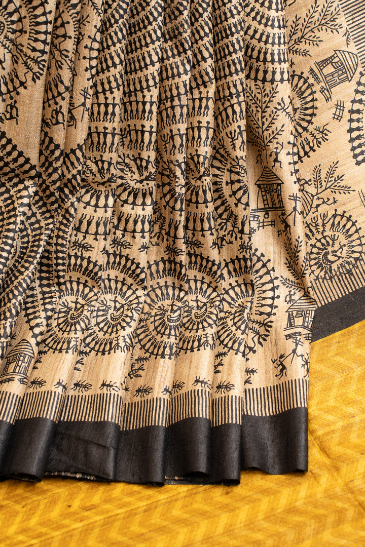 Beige Madhubani handprinted pure Tussar saree