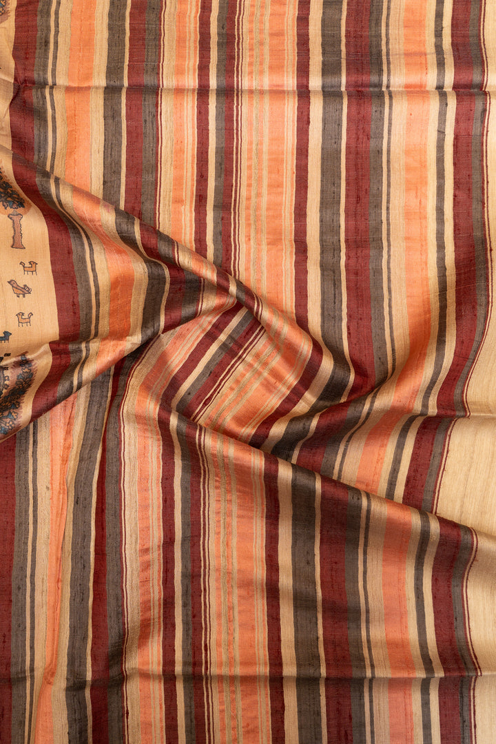 Beige farm printed pure Tussar silk saree