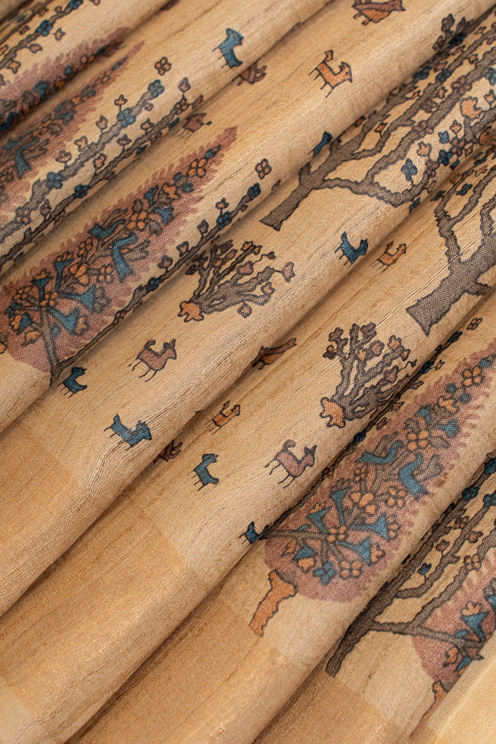 Beige farm printed pure Tussar silk saree