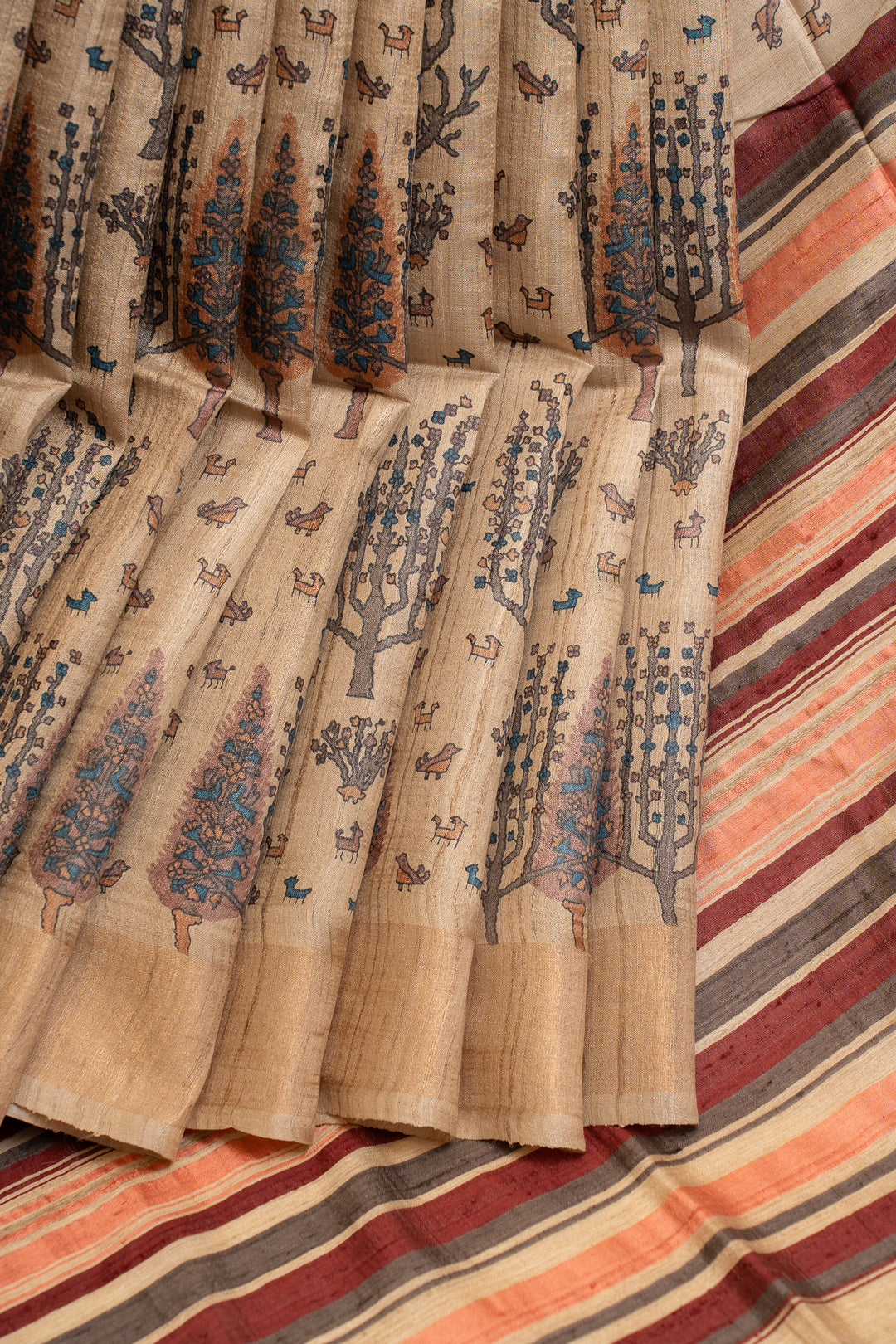 Beige farm printed pure Tussar silk saree