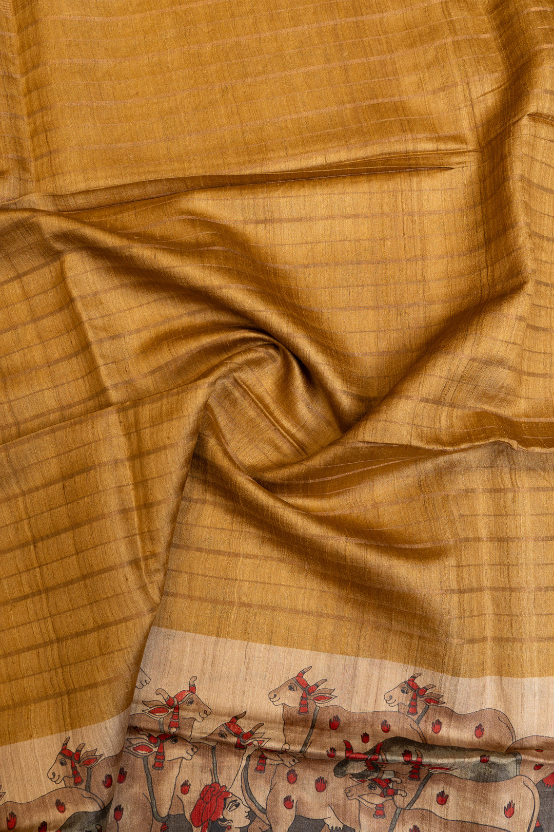 Mustard Pichwai handprinted pure Tussar saree