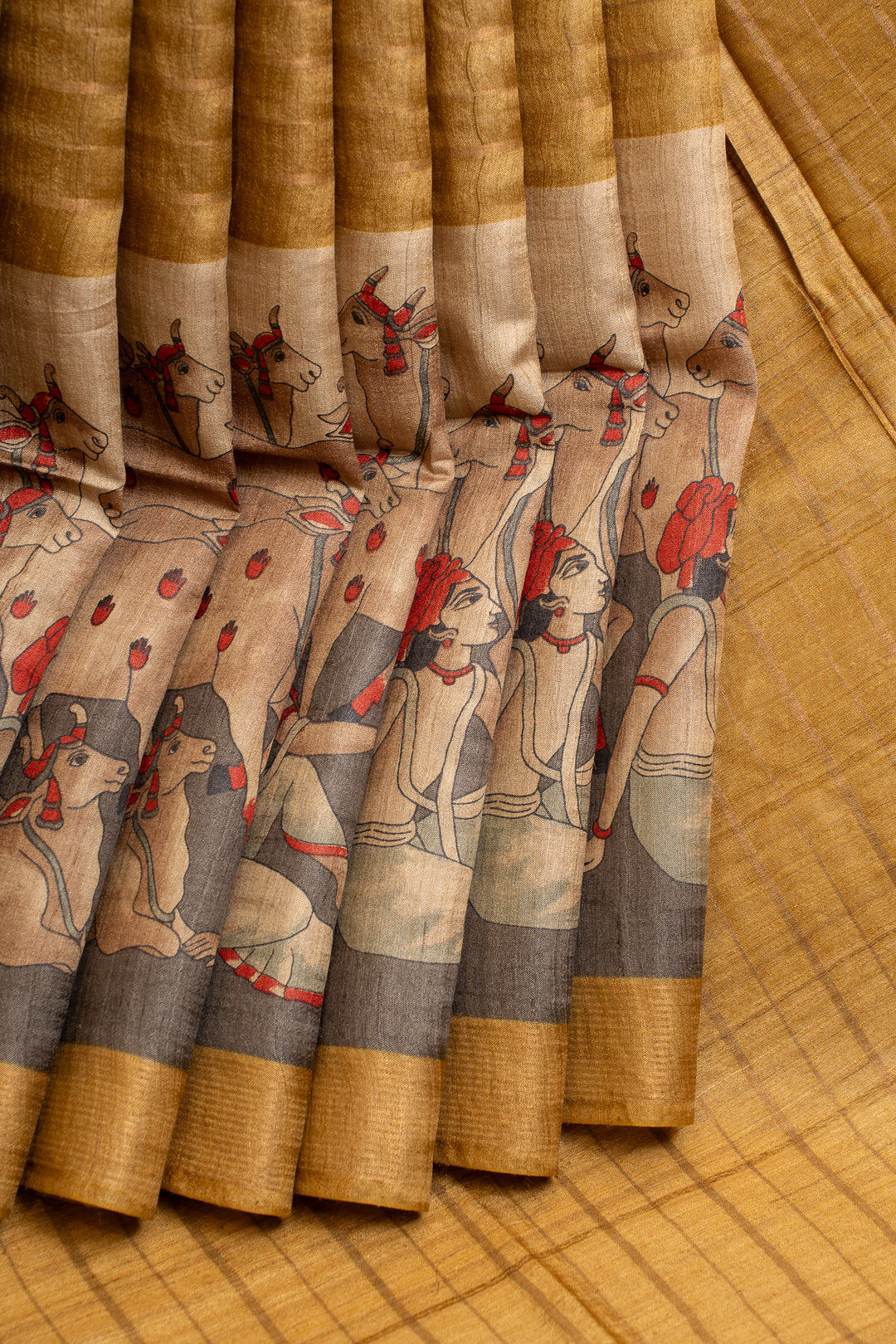Mustard Pichwai handprinted pure Tussar saree