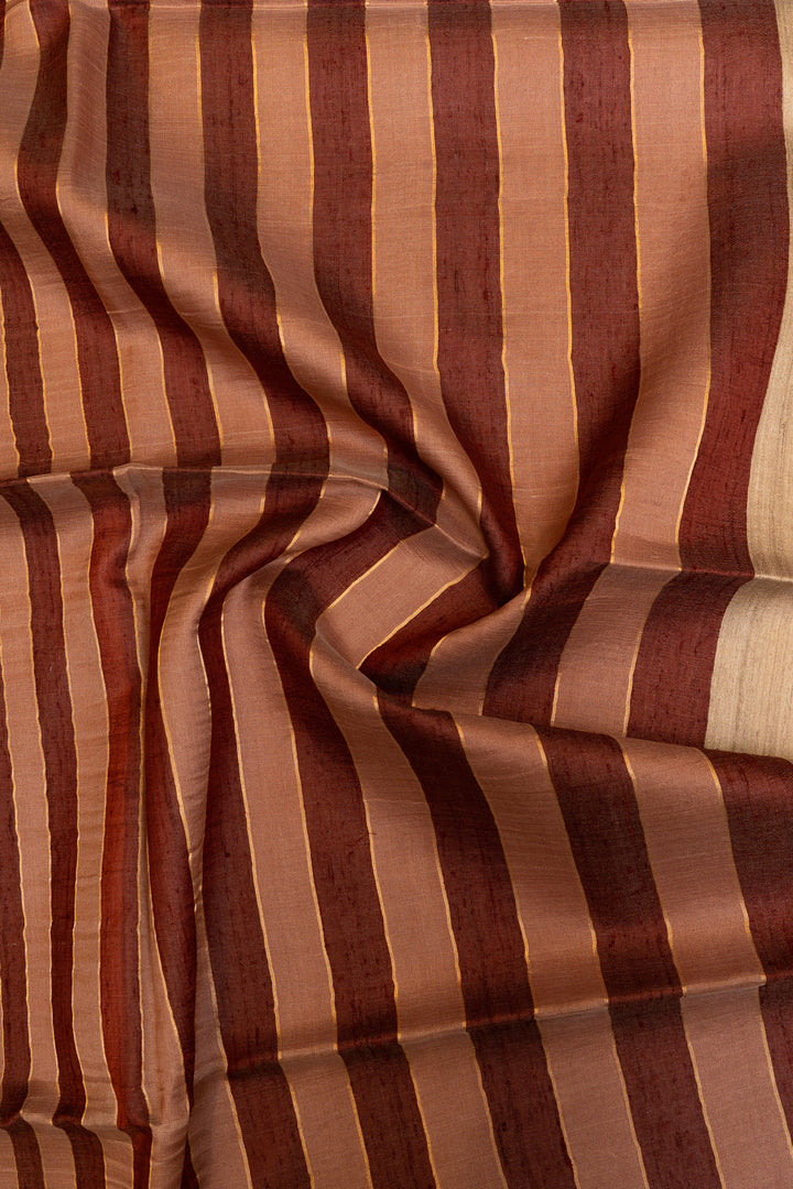 Beige and maroon handprinted pure Tussar saree