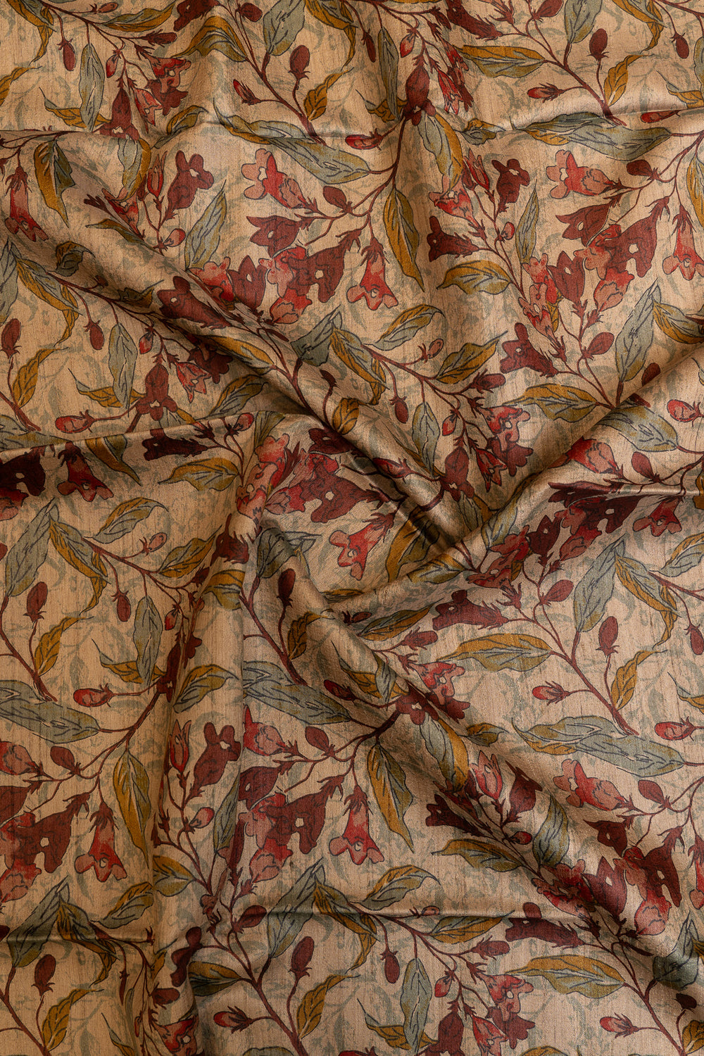 Beige and maroon handprinted pure Tussar saree