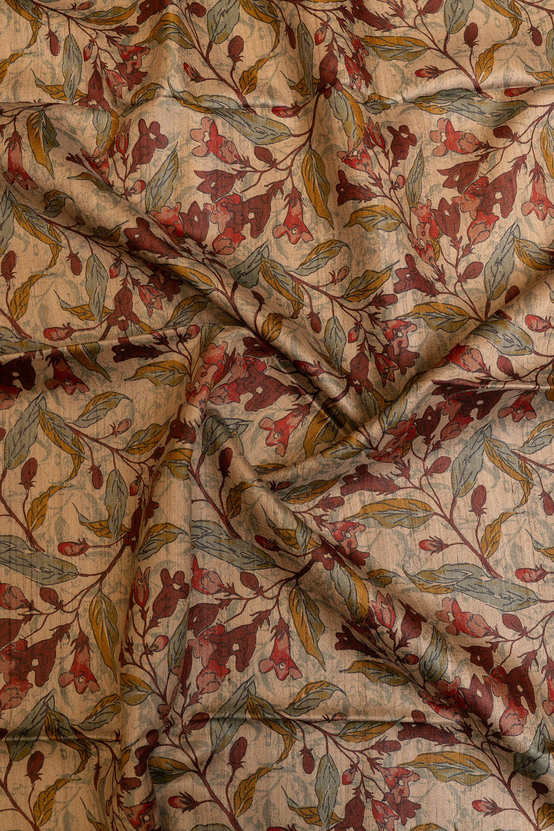 Beige and maroon handprinted pure Tussar saree