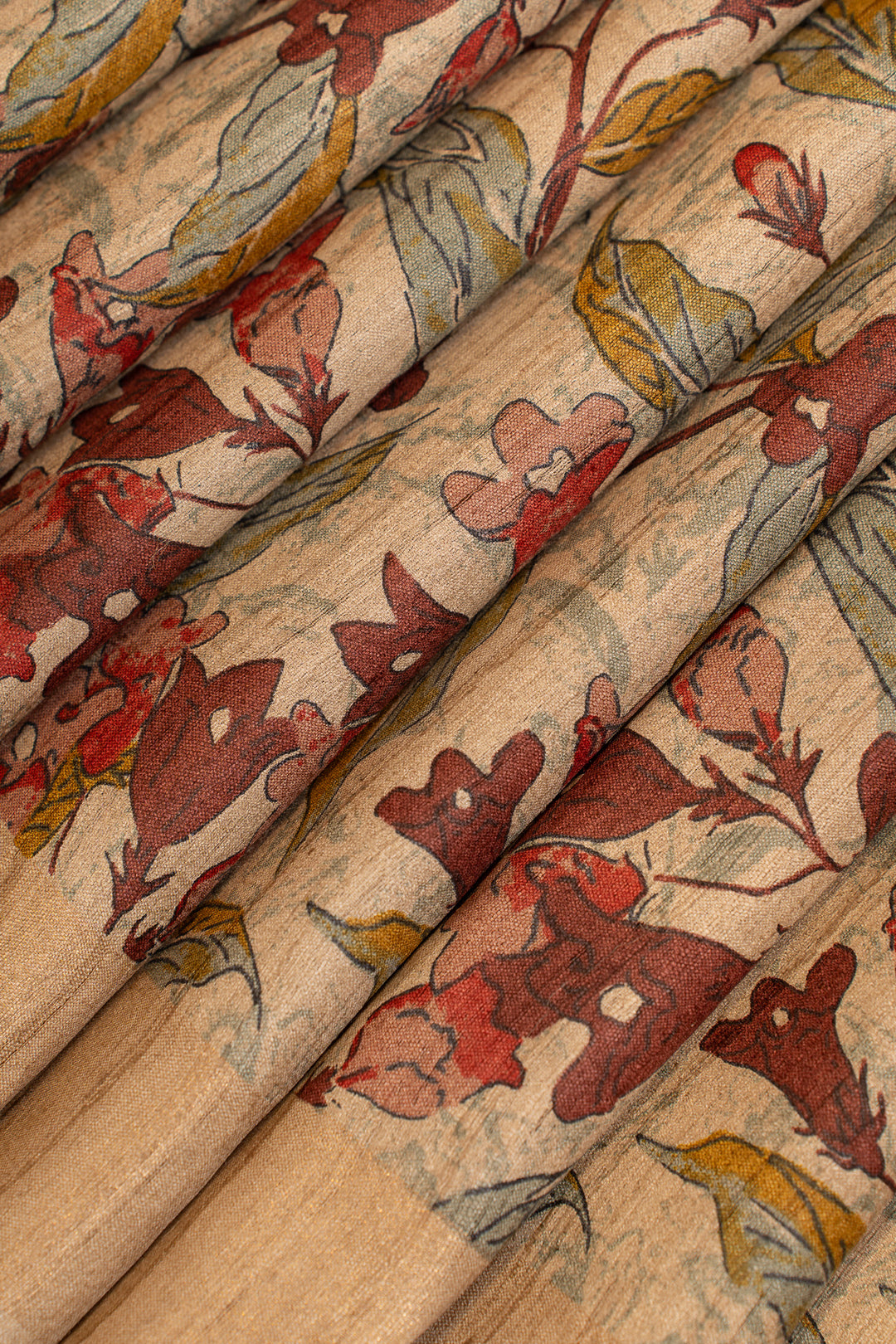 Beige and maroon handprinted pure Tussar saree