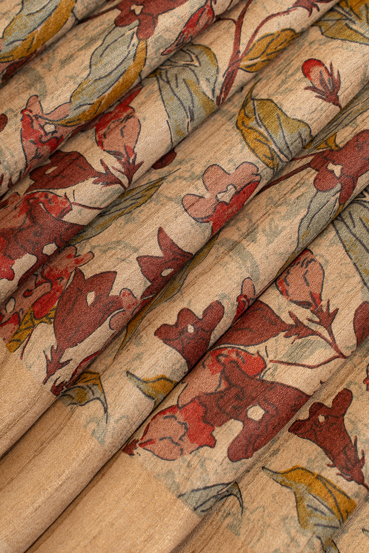 Beige and maroon handprinted pure Tussar saree