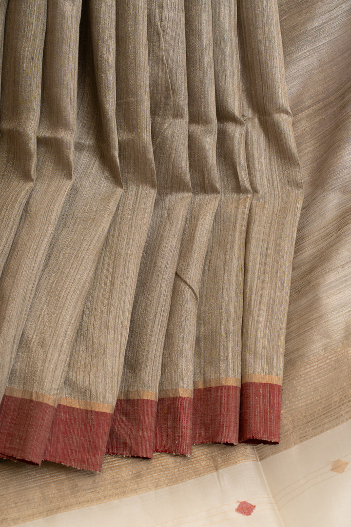 Greyish beige pure Tussar silk saree