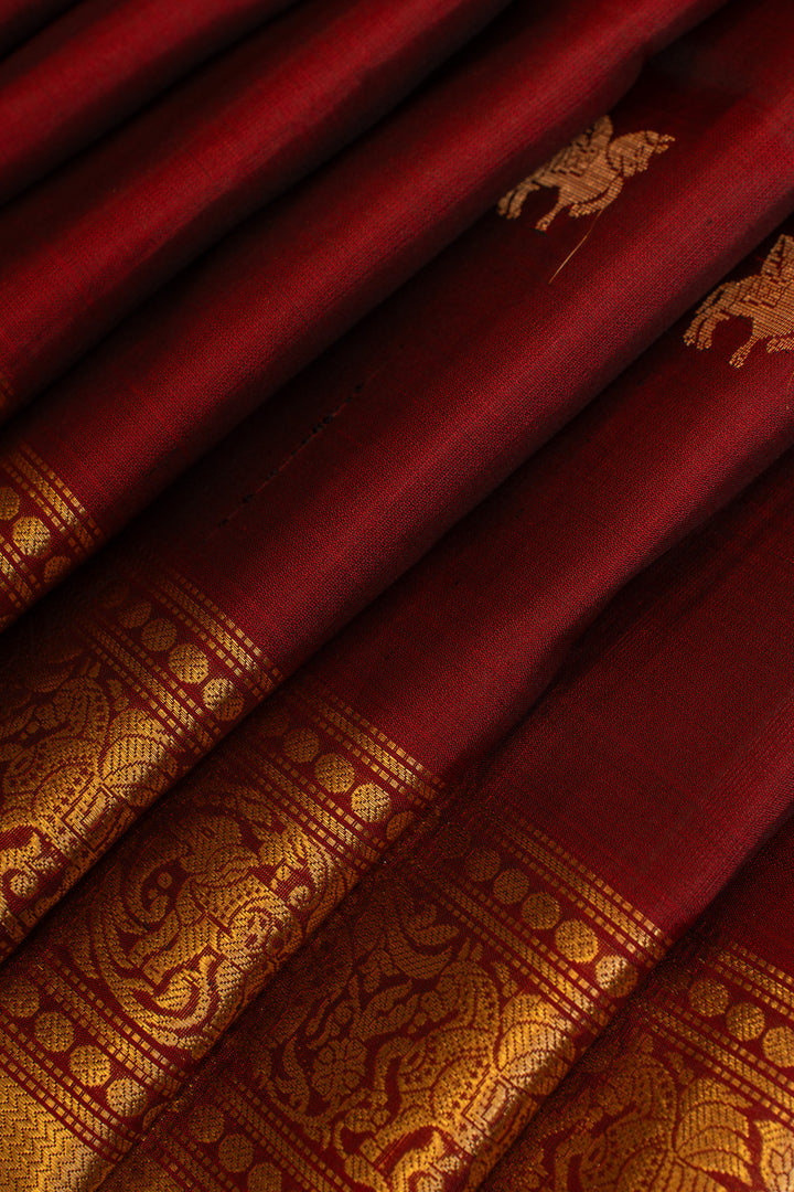 Maroon and gold traditional pure soft silk saree