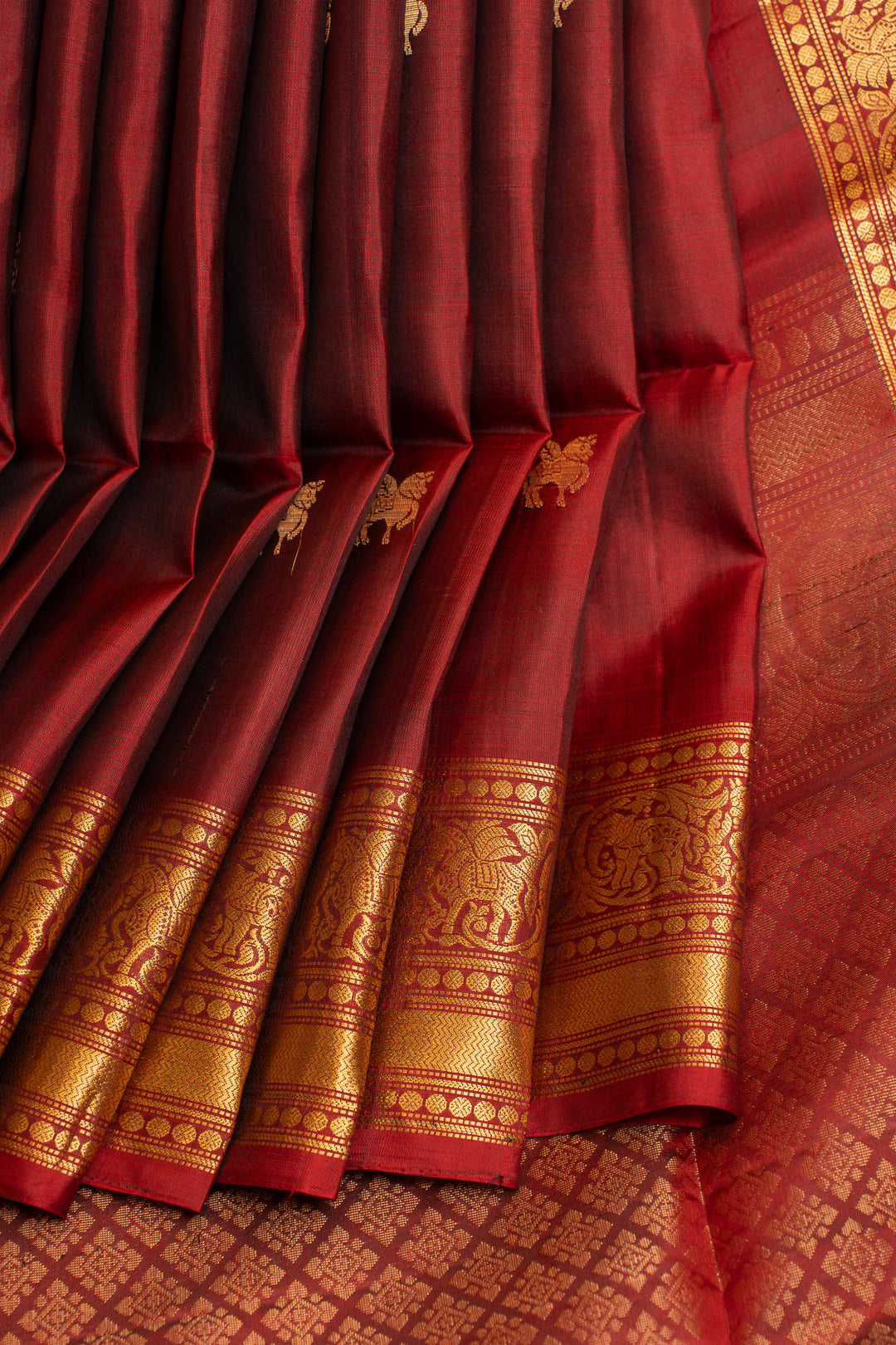 Maroon and gold traditional pure soft silk saree
