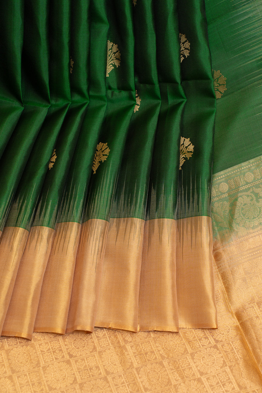 Emerald green and beige pure soft silk saree