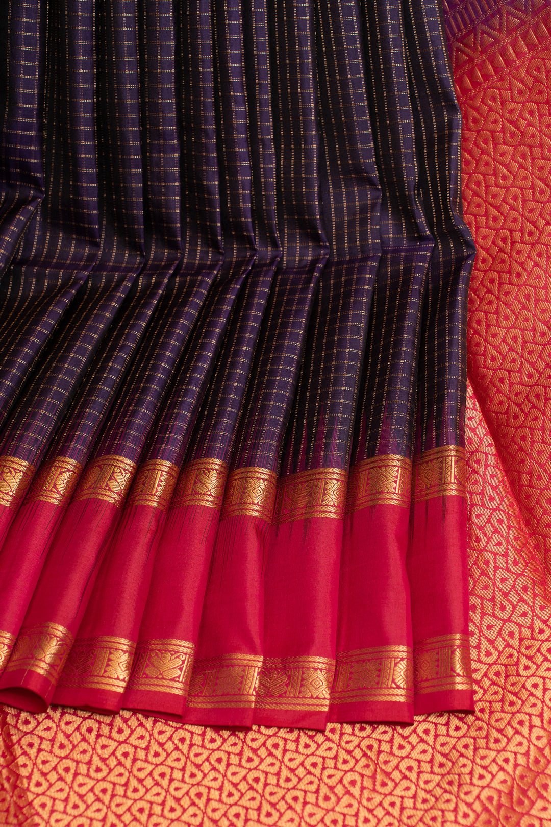 Purple and magenta zari checks pure soft silk saree