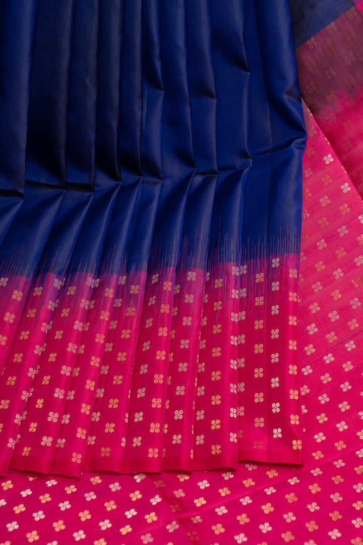 Indigo blue and pink turning border pure soft silk saree
