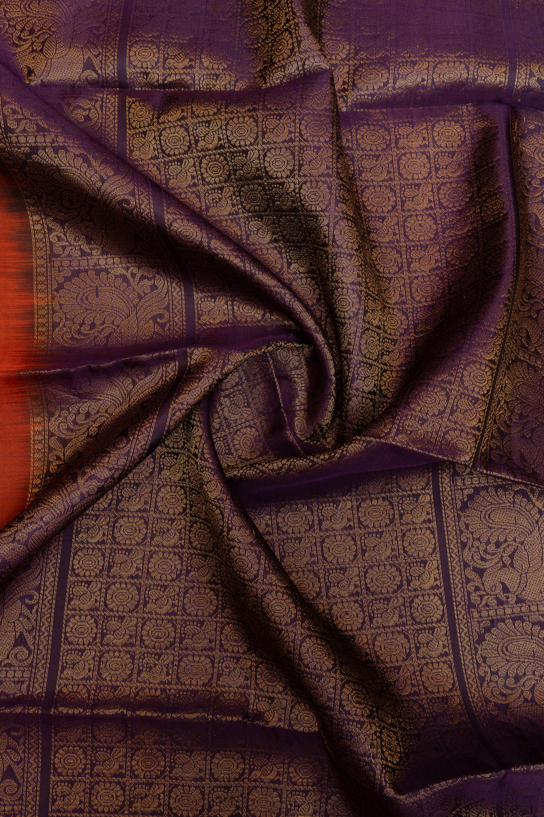Rust orange and purple pure soft silk saree