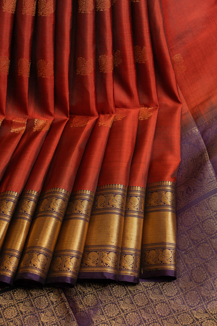 Rust orange and purple pure soft silk saree