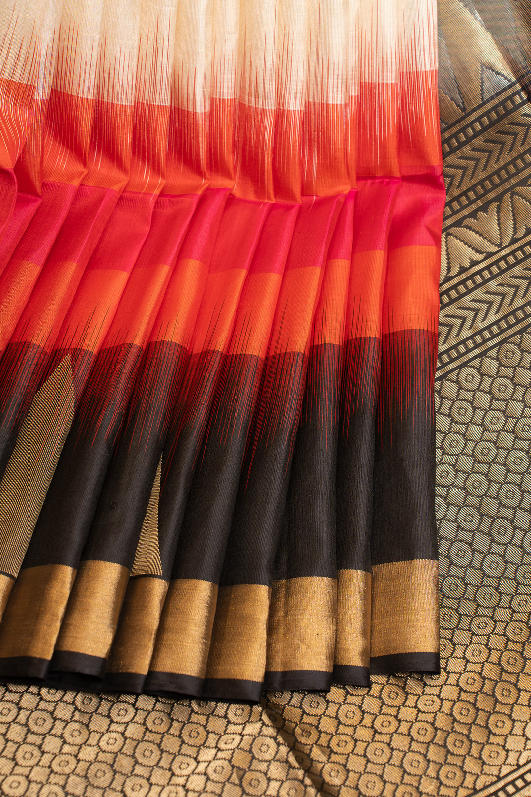 Pearl white orange and black Mupagam pure soft silk saree