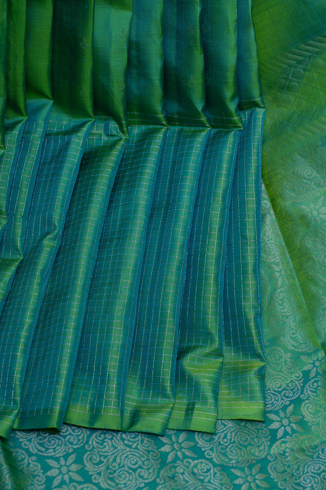 Peacock blue zari checks pure soft silk saree