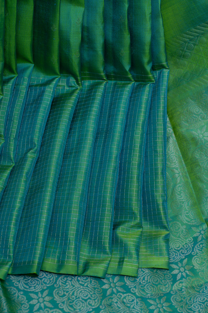 Peacock blue zari checks pure soft silk saree