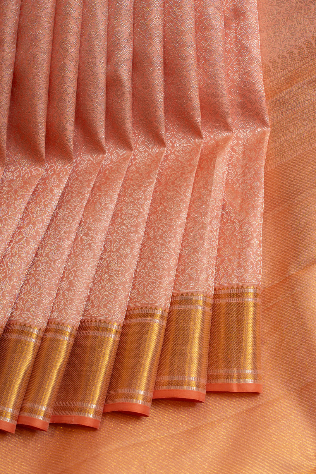 Peach floral brocade pure Kanchipuram silk saree
