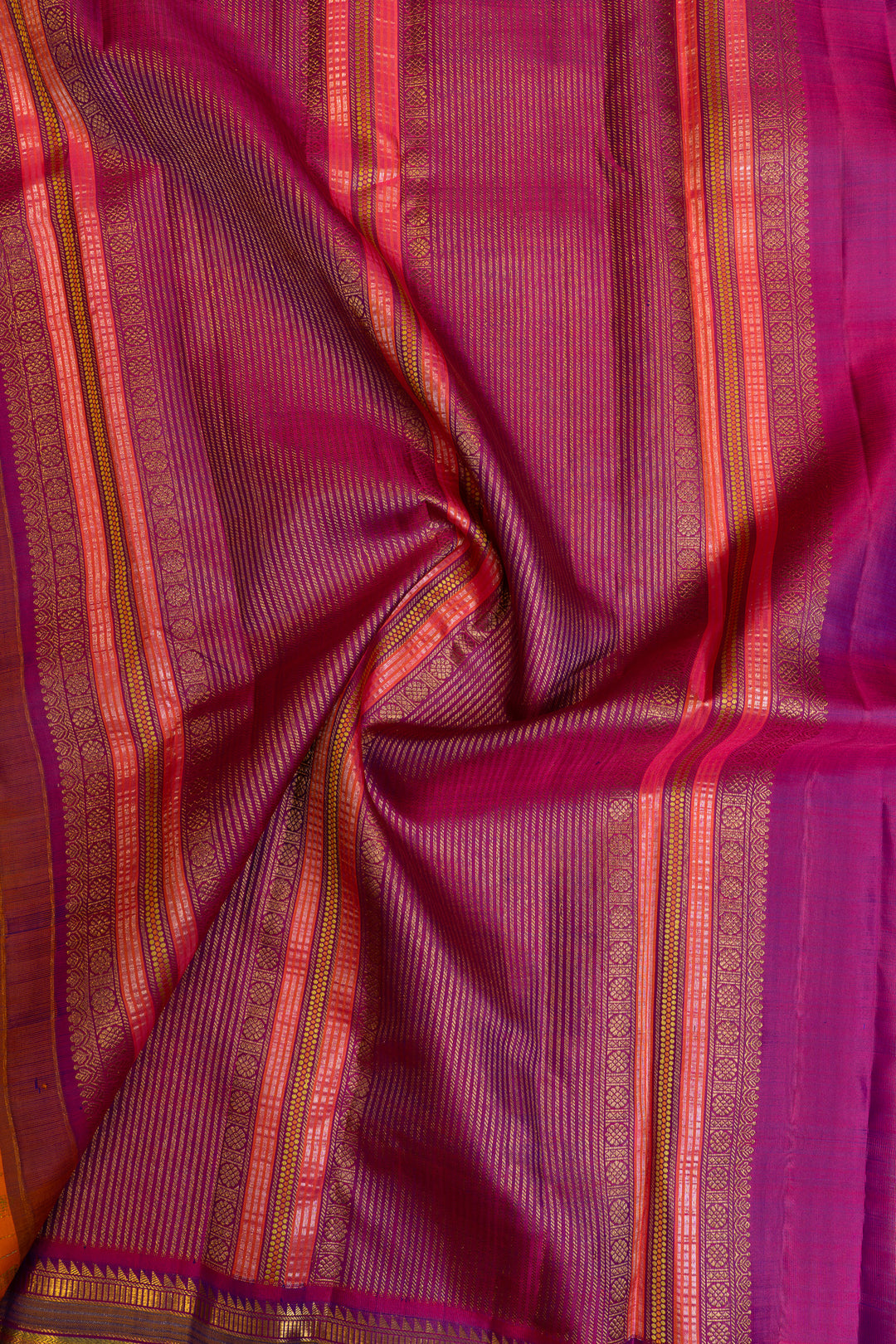 Orange and magenta rettai pettu pure Kanchipuram silk saree