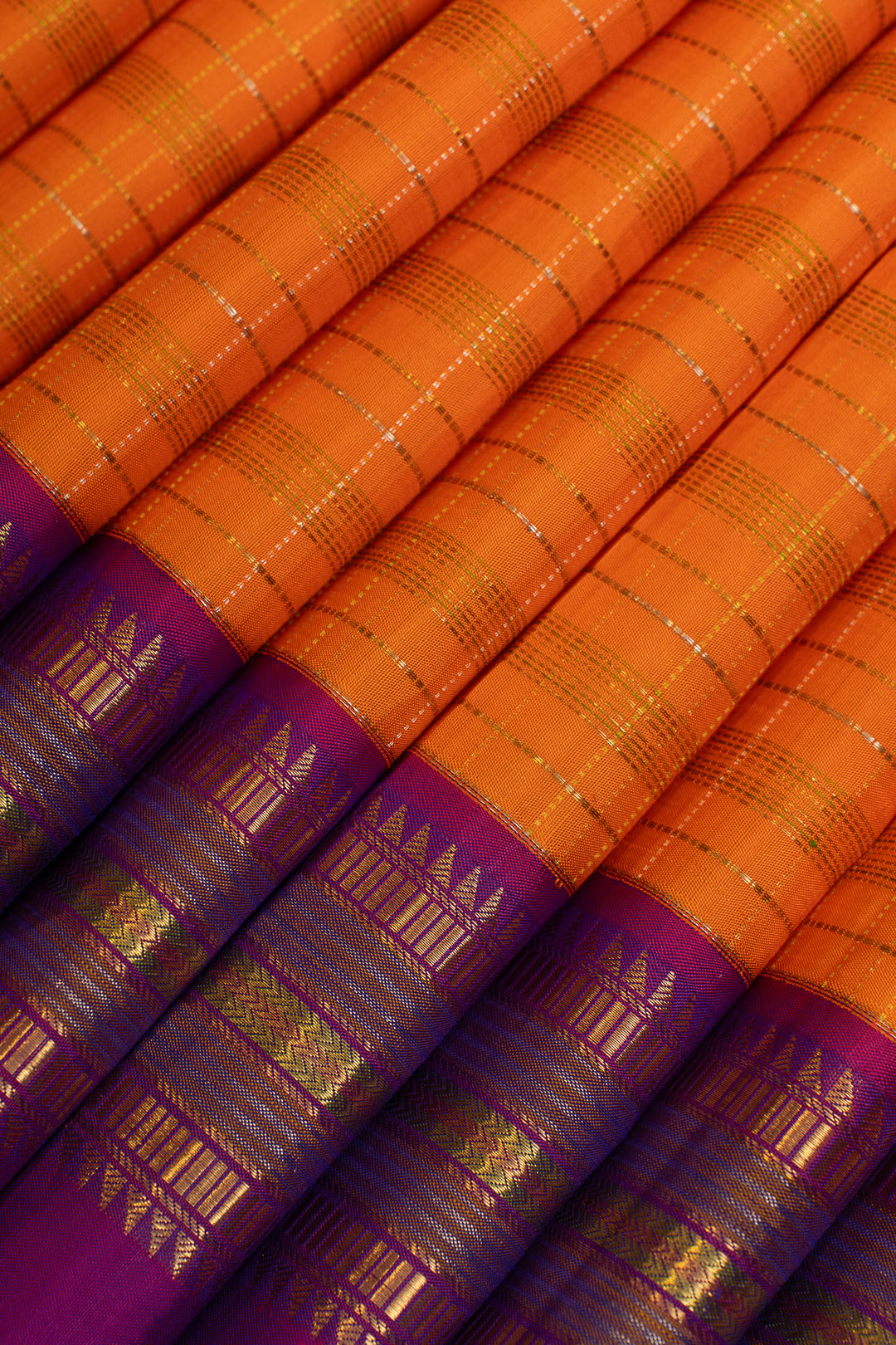 Orange and magenta rettai pettu pure Kanchipuram silk saree