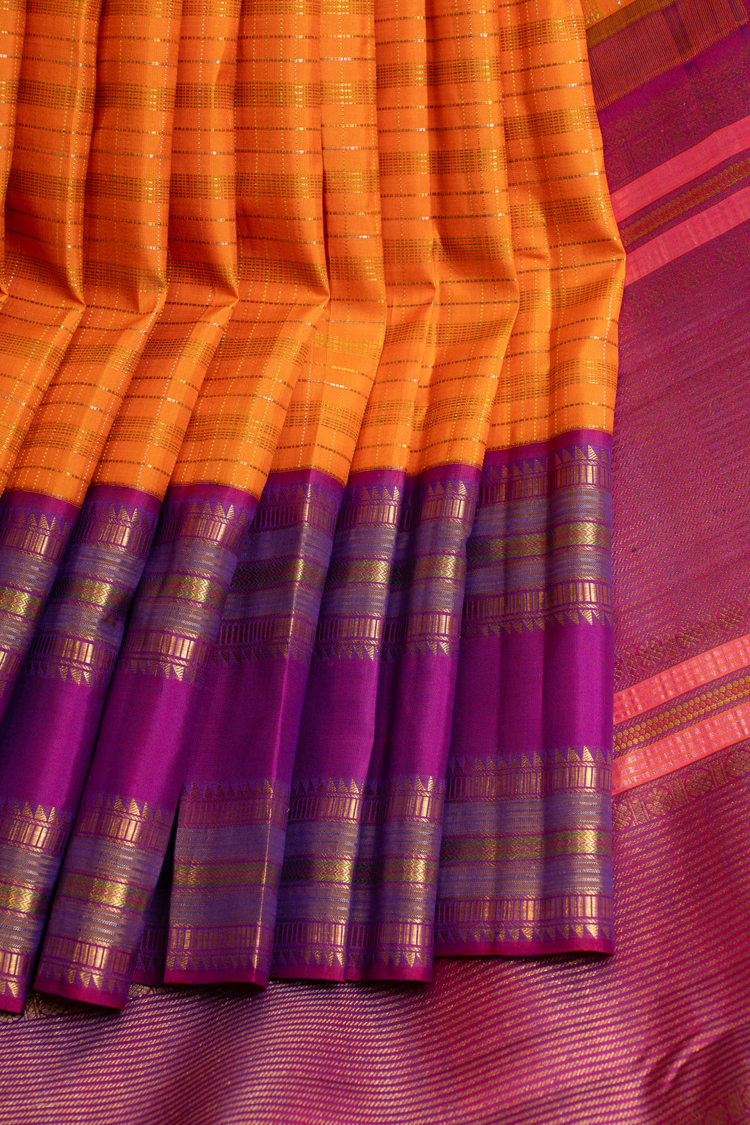 Orange and magenta rettai pettu pure Kanchipuram silk saree