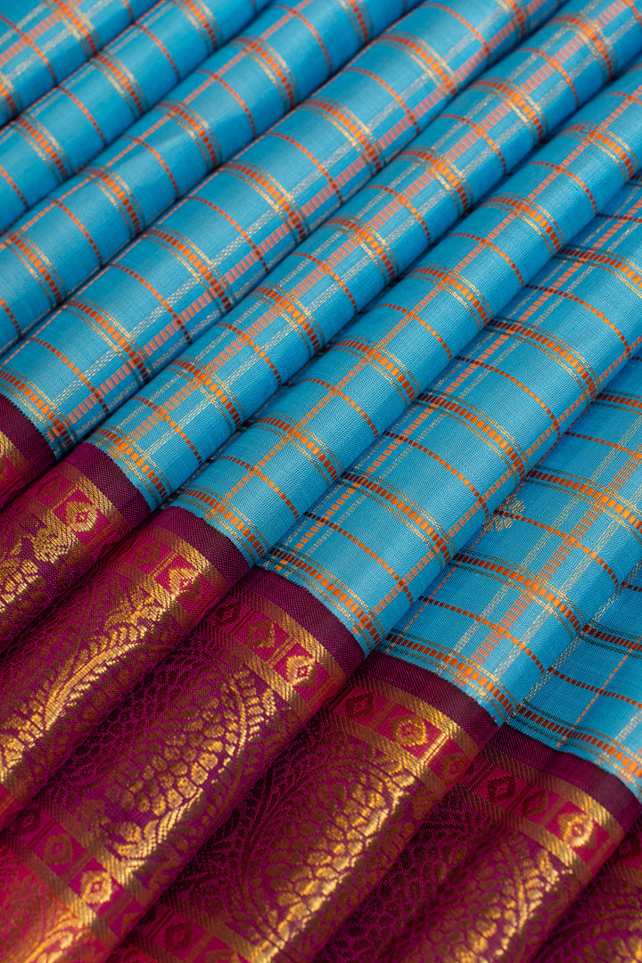 Anandha blue vintage checks pure Kanchipuram silk saree