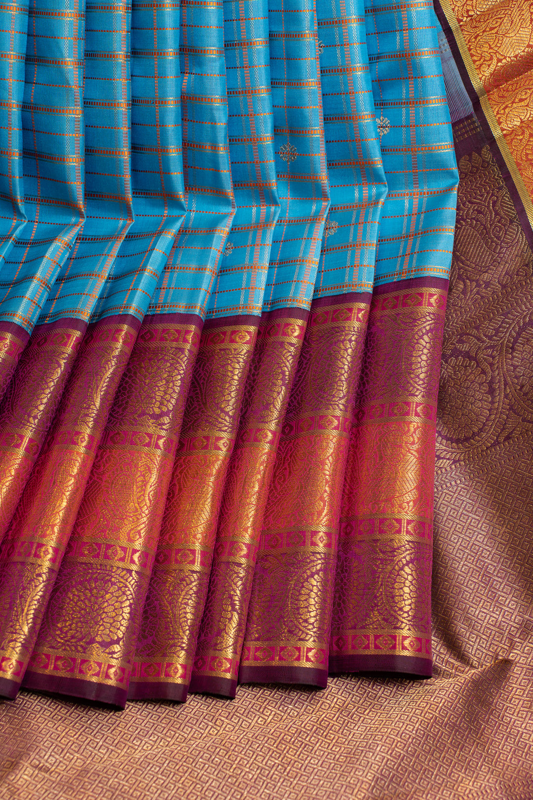 Anandha blue vintage checks pure Kanchipuram silk saree
