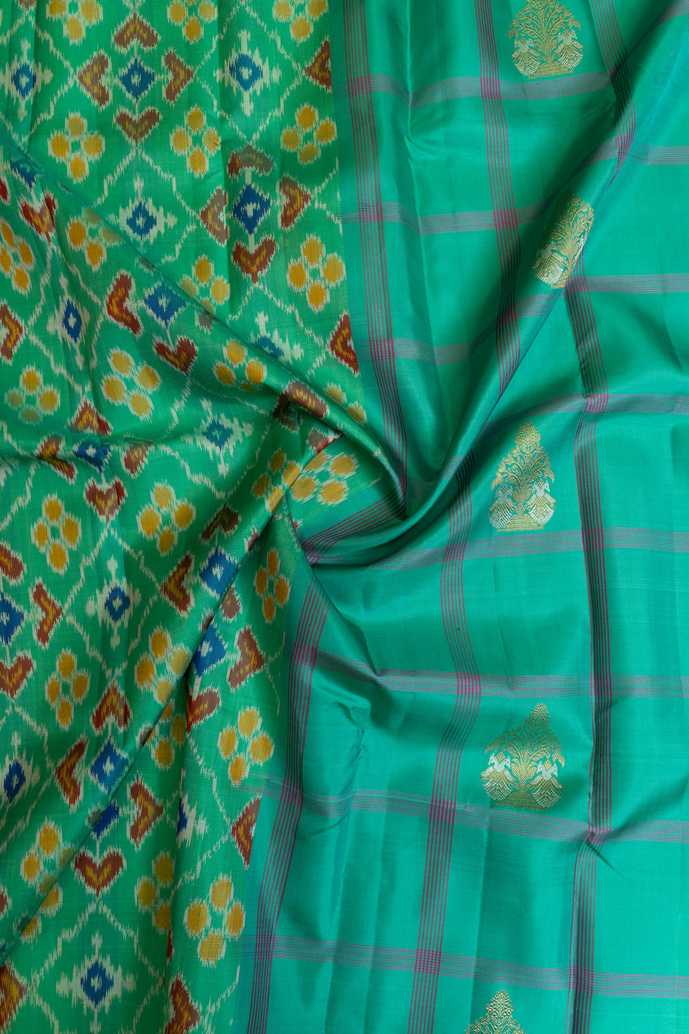 Cyan blue checks ikat partly pure Kanchipuram silk saree