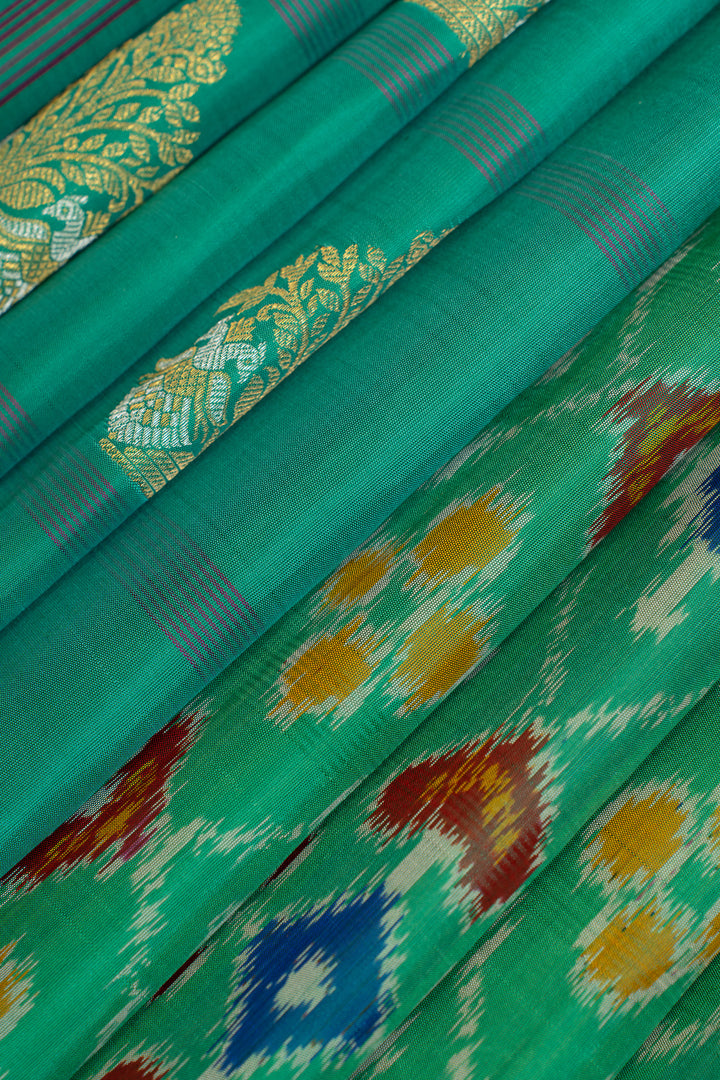 Cyan blue checks ikat partly pure Kanchipuram silk saree
