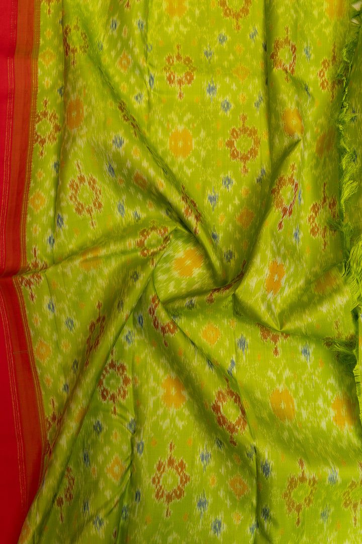 Red and green borderless ikat Kanchipuram pure silk saree