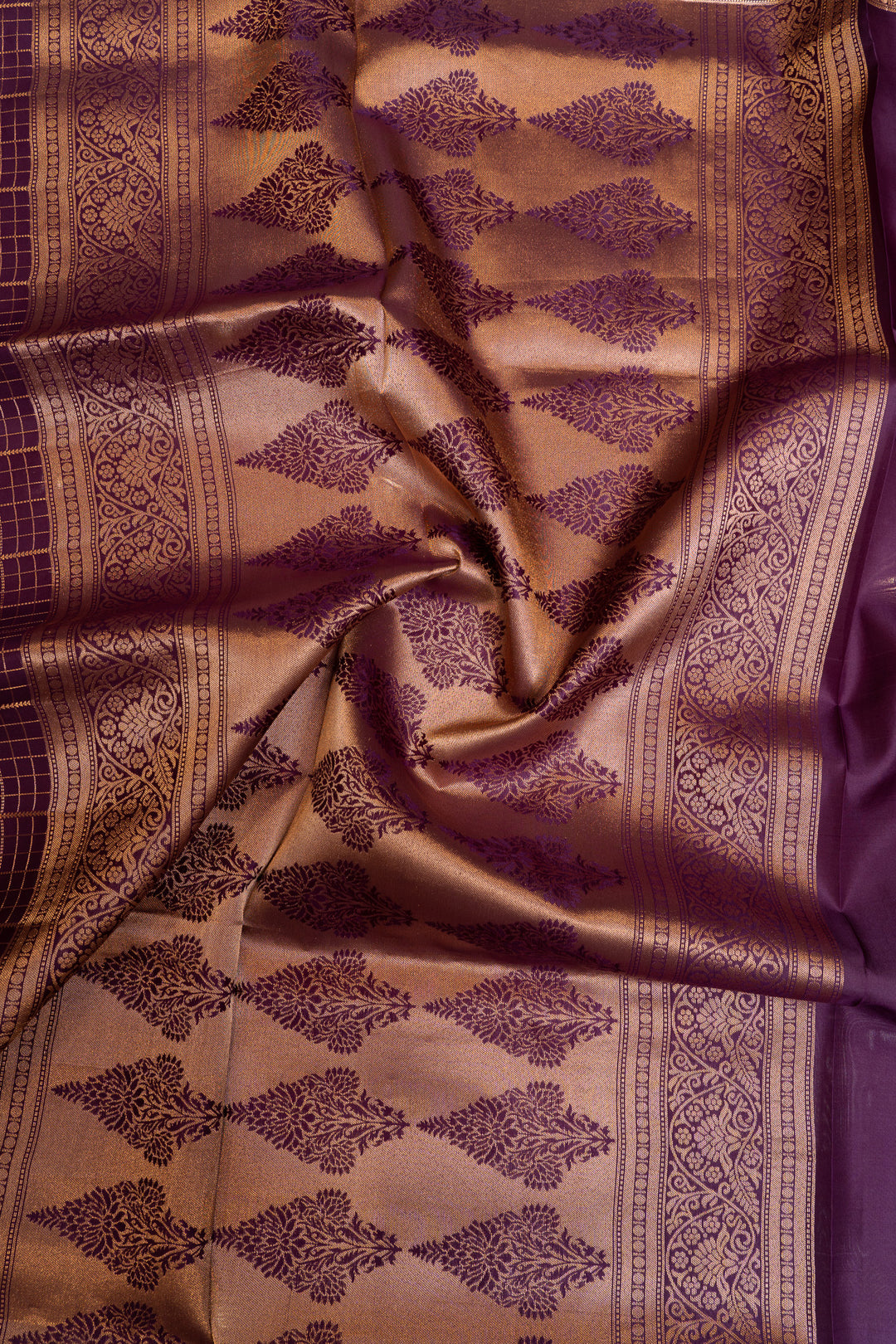 Aubergine purple zari checks pure soft silk saree