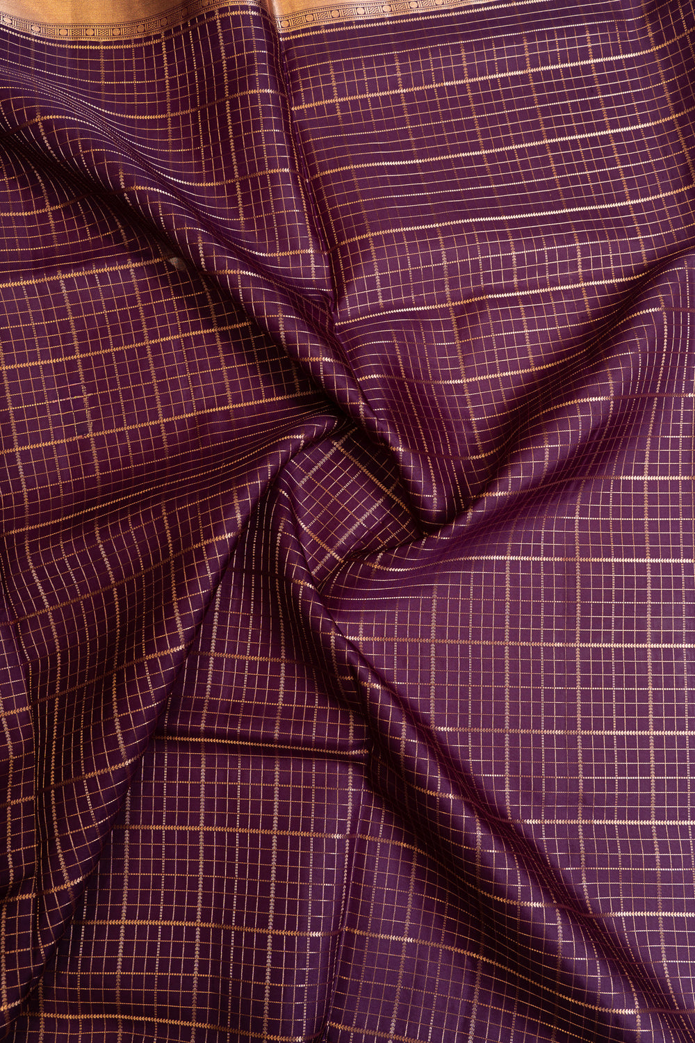 Aubergine purple zari checks pure soft silk saree