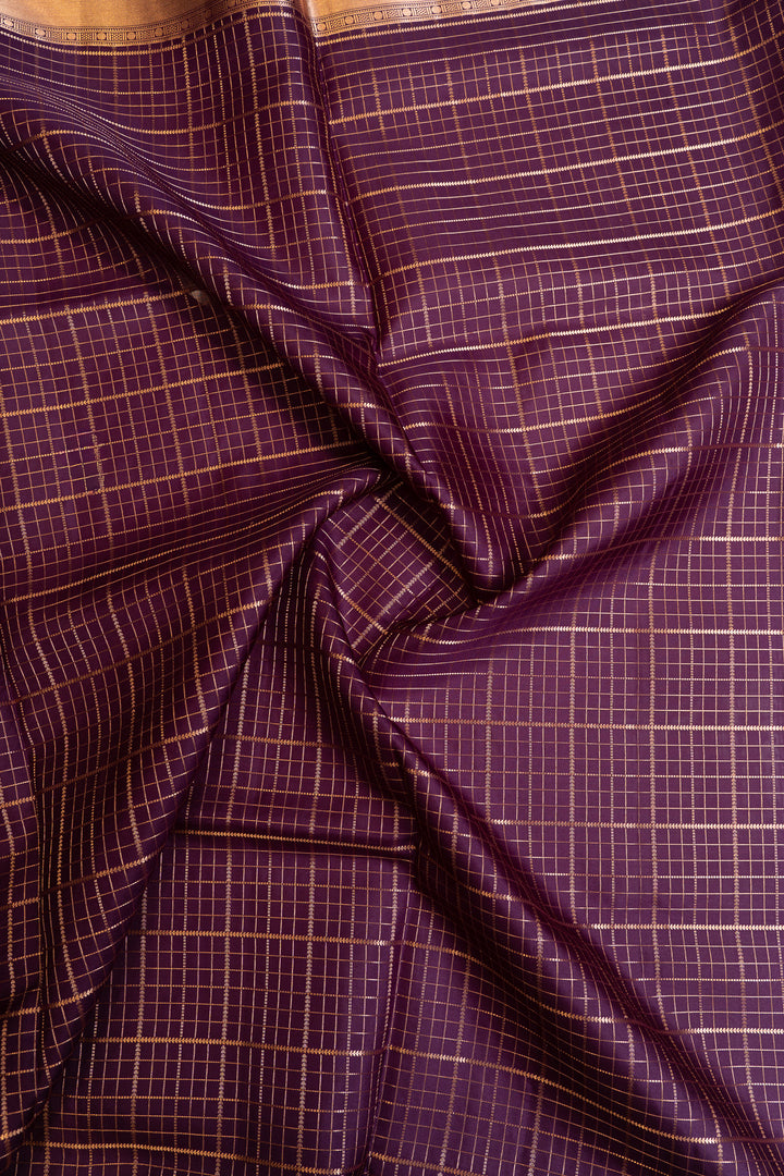 Aubergine purple zari checks pure soft silk saree