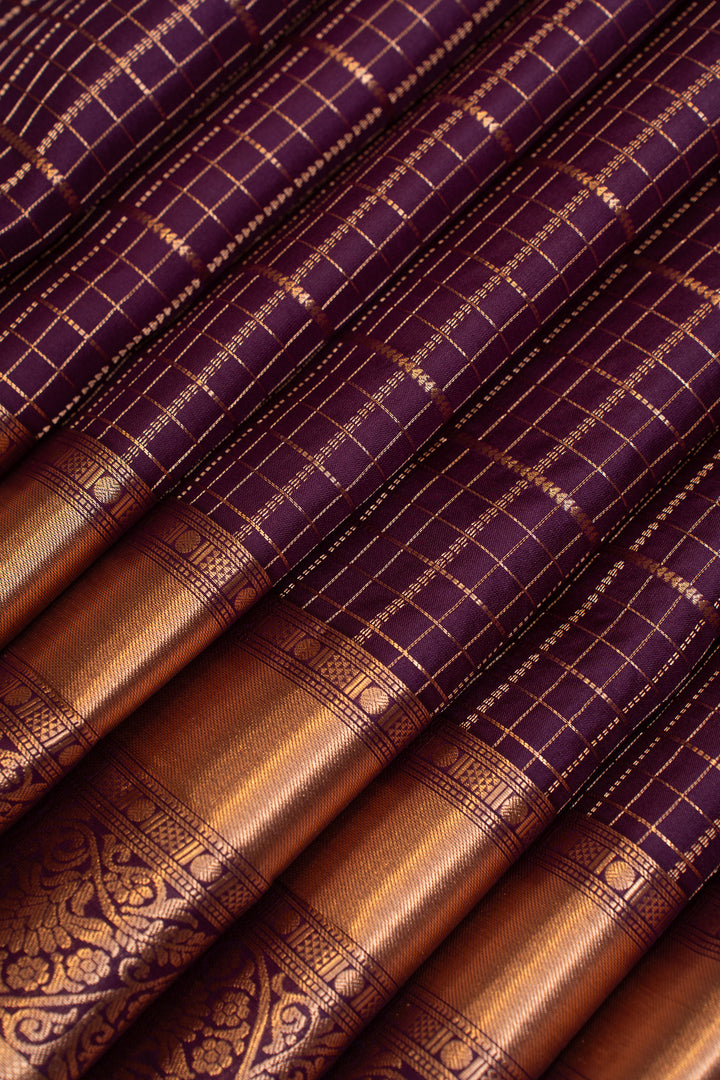 Aubergine purple zari checks pure soft silk saree
