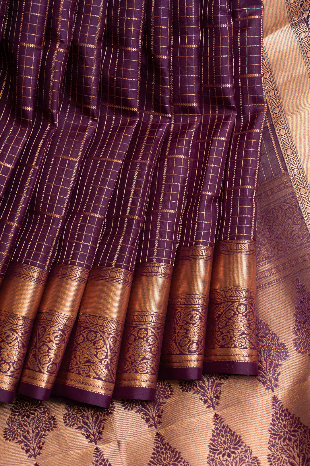 Aubergine purple zari checks pure soft silk saree