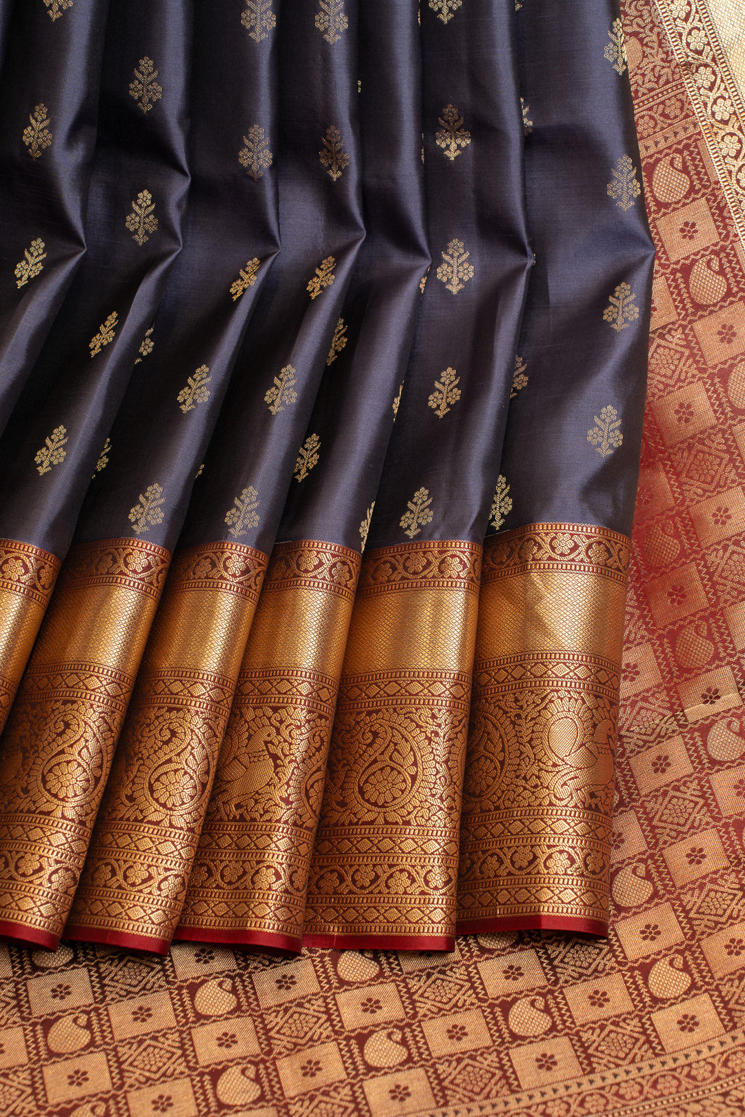 Navy blue and red pure soft silk saree