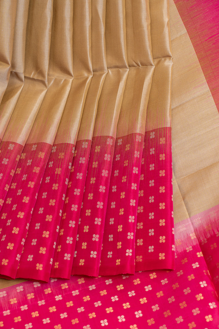 Cream and pink turning border pure soft silk saree