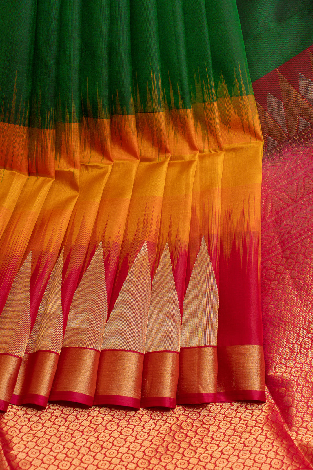Bottle green mustard and magenta Mupagam pure soft silk saree