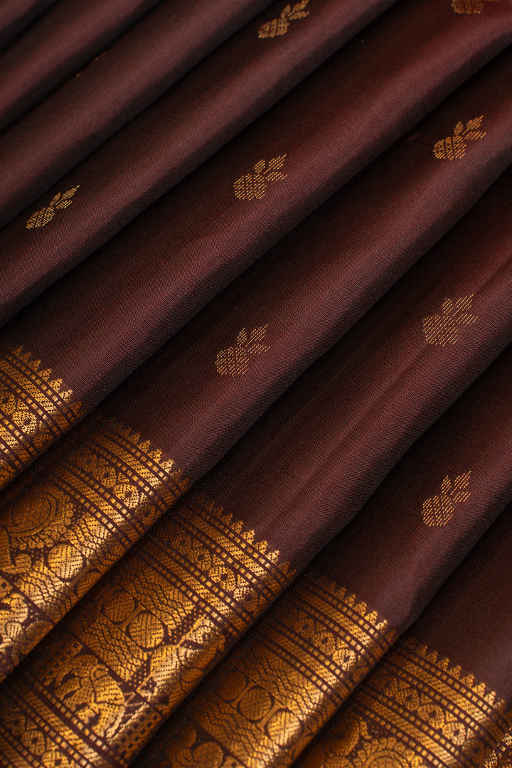 Brown and gold zari border pure soft silk saree
