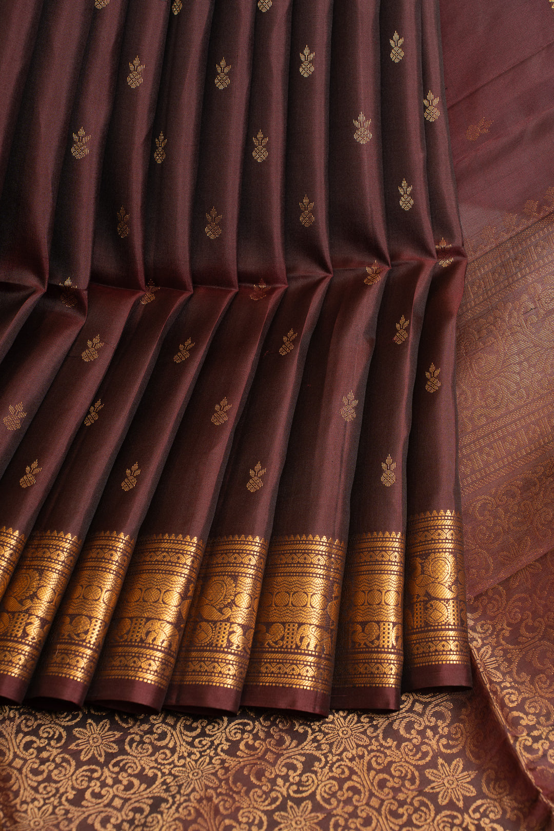 Brown and gold zari border pure soft silk saree
