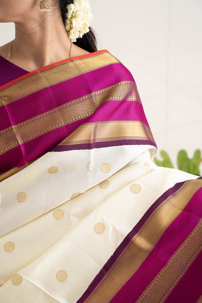 Pearl White and Magenta Pure Zari Kanchipuram Silk Saree - Clio Silks