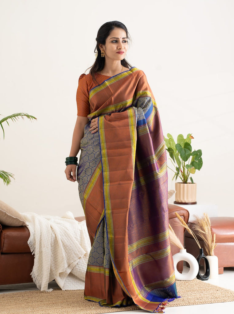 Peacock Blue and Rust Orange Thread Brocade Pure Kanchipuram Silk